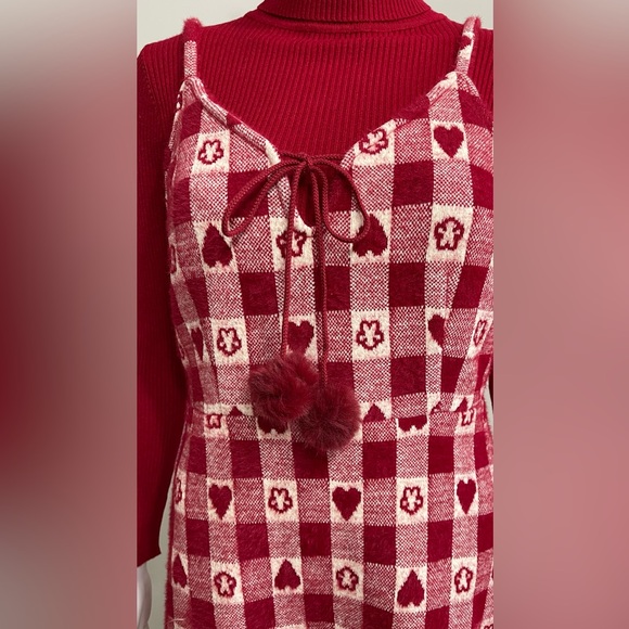 White & Red Checkered Heart Pattern Pom-Pom Front Tie Wool Blend Midi Dress M/L - Picture 11 of 13